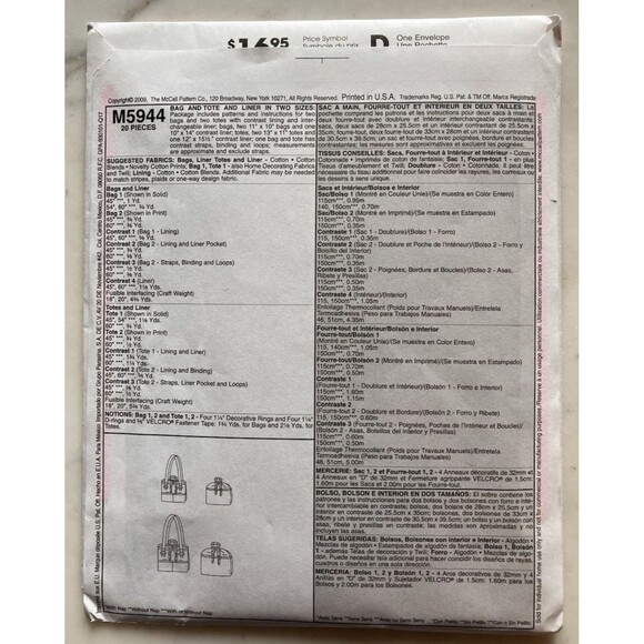 McCall's Pattern M5944 Bag & Tote with Liner 2 Sizes Uncut FF - Picture 2 of 3